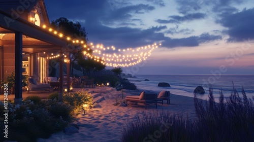 A cozy beachfront cottage with string lights and lounge chairs at dusk.