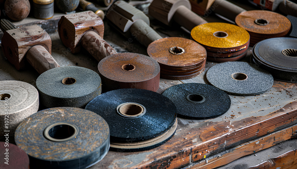 Fototapeta premium Set of abrasive tools and grinding discs on the background of sandpaper. Essential tools for master builder