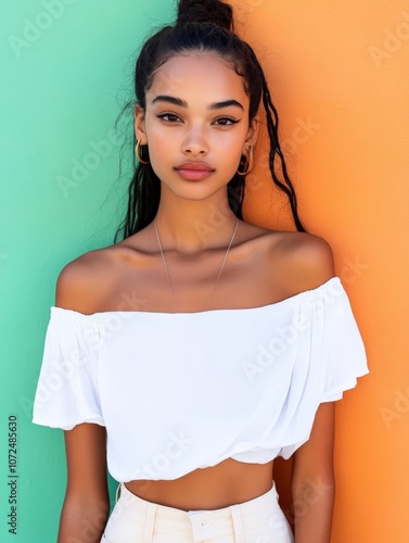 A woman in an off-shoulder white top leans against a vibrant orange and green wall, exuding style and confidence with her calm yet captivating gaze.