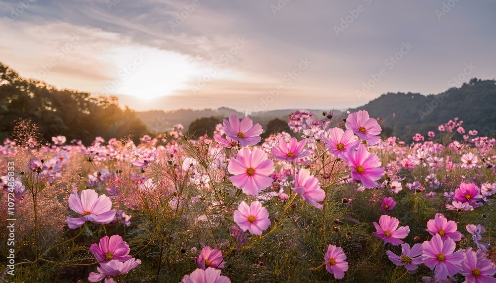 Obraz premium soft pink cosmos flowers bloom in a dreamy ethereal field
