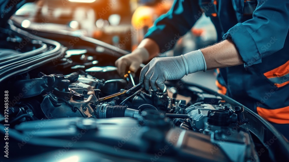 Mechanic Working on a Car Engine Mechanic Working on a Car Engine