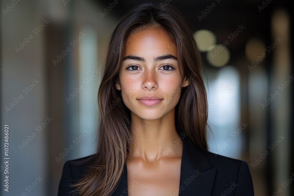 A confident woman with long hair smiles in a modern, professional setting, with blurred backgrounds, embodying a sense of calm and competence. A confident woman with long hair smiles in a modern, professional setting, with blurred backgrounds, embodying a sense of calm and competence.