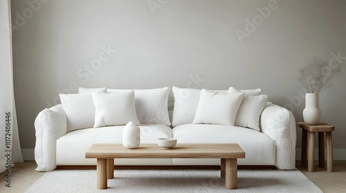 Minimalist Scandinavian Living Room with Light Gray Walls, Soft White Sofa, and Simple Wooden Coffee Table for a Serene, Airy Atmosphere