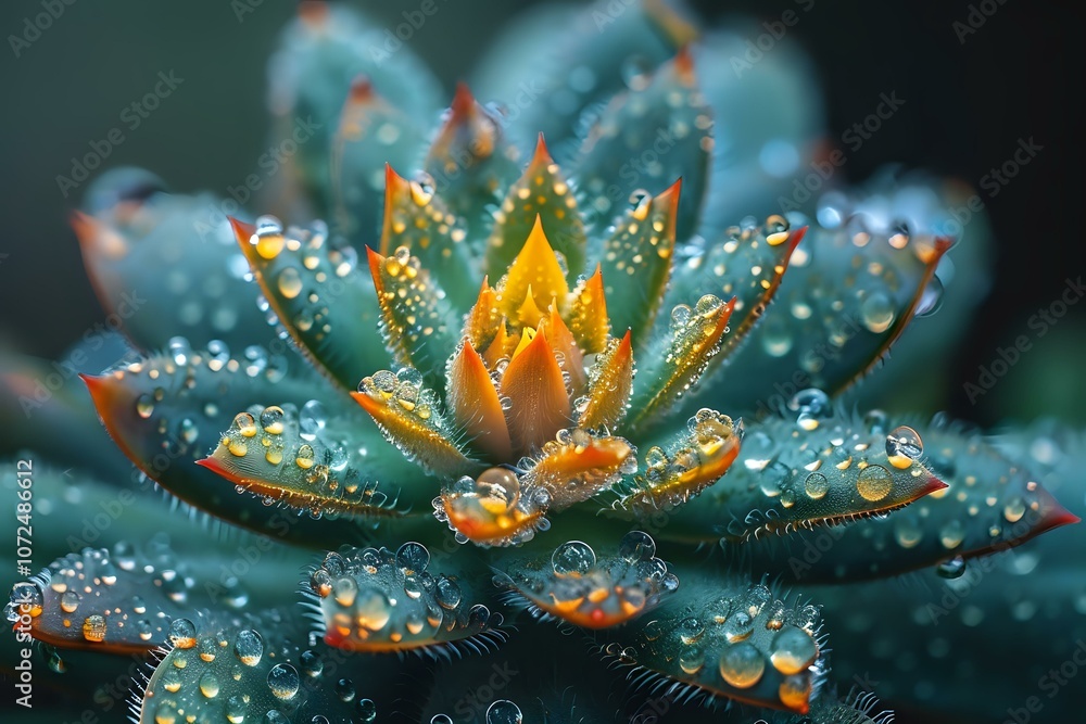 Fototapeta premium Magical lotus flower with golden center and turquoise petals covered in sparkling water drops, perfect for spiritual wellness, meditation and spa designs.