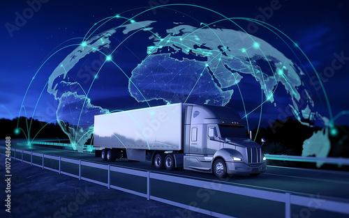 Semi-Trailer Truck Driving at Night with Global Network Connection and Digital Planet photo