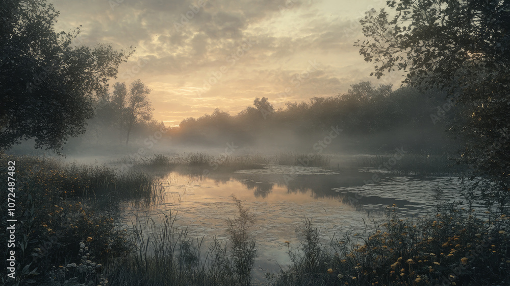 A serene, misty landscape unfolds at sunrise, with the soft light casting a golden hue over the scene. A serene, misty landscape unfolds at sunrise, with the soft light casting a golden hue over the scene.