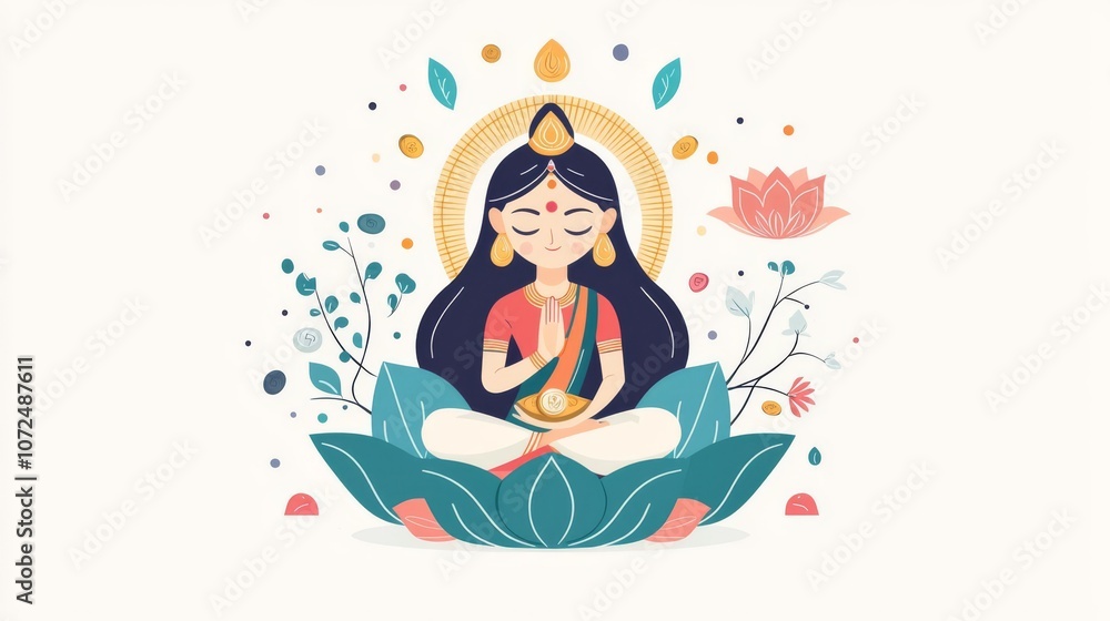 A serene illustration of a woman meditating, surrounded by nature and symbols of peace, representing tranquility and mindfulness. A serene illustration of a woman meditating, surrounded by nature and symbols of peace, representing tranquility and mindfulness.