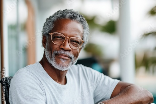 A mature man with gray hair and glasses is seated comfortably, exuding wisdom and a relaxed demeanor, captured in a moment of ease and reflection. photo