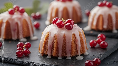 Mini red currant Bundt cakes, glazed and isolated on a dark slate background with a few red currants placed around photo