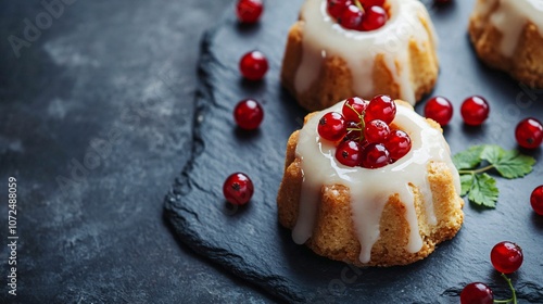 Mini red currant Bundt cakes, glazed and isolated on a dark slate background with a few red currants placed around photo