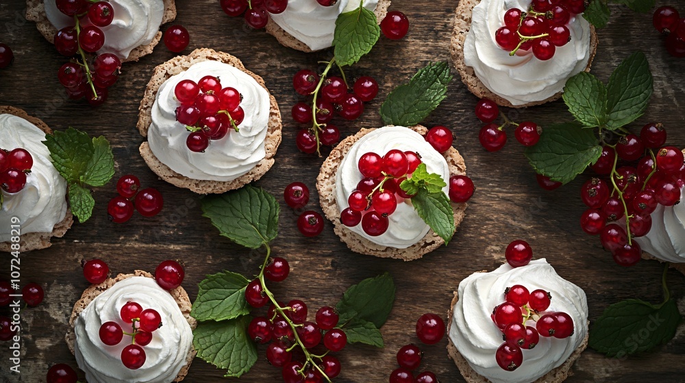 Obraz premium Mini red currant pavlovas topped with whipped cream on a rustic wood background with fresh currants and mint leaves