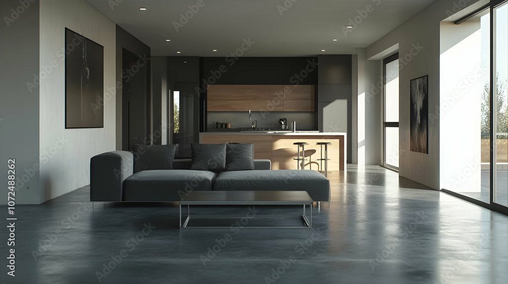 Fototapeta premium Minimalist Industrial Living Room with Concrete Floors, Charcoal Gray Sofa, and Metal Coffee Table for a Sleek, Open Space