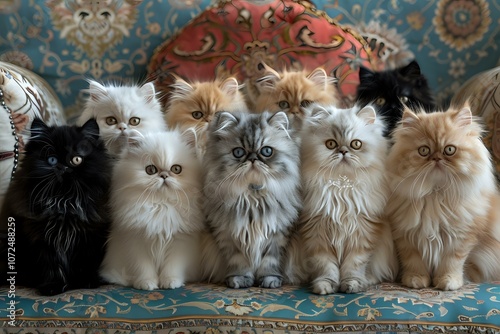 Group of Persian and Himalayan cats with different coat colors sitting in a row on ornate upholstery, perfect for pet care advertising or veterinary services. photo