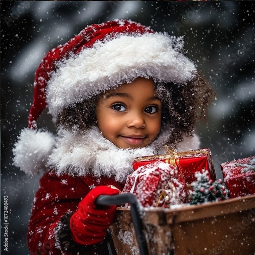 Amazing high resolution photo of a little African American girl dressed as Snow Maiden carrying New Year's gifts in a cart, ready to celebrate Christmas