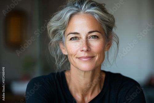 A beautiful woman with grey hair smiles warmly at the camera. The setting is cozy and natural, highlighting her genuine and graceful personality.