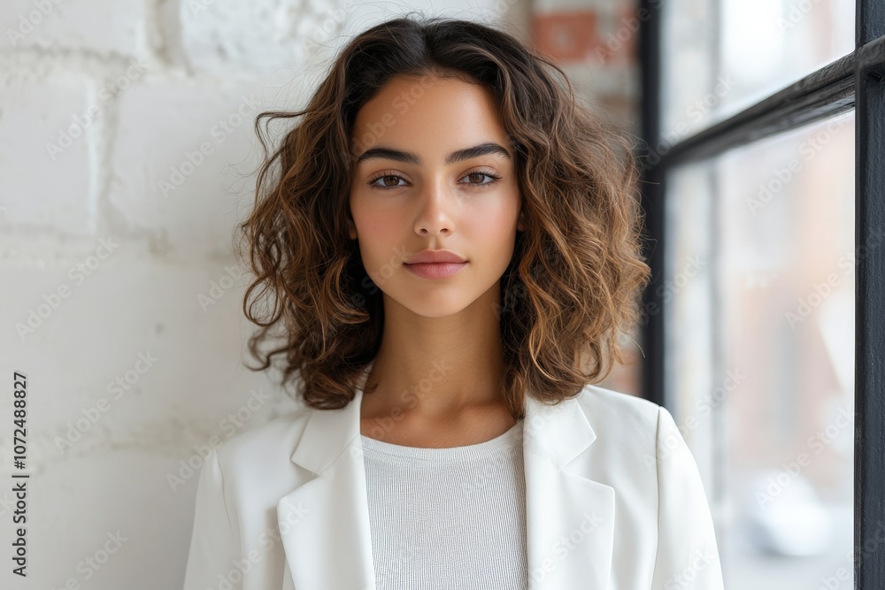 An elegant woman with curly hair is dressed in a white outfit, standing inside an urban building with a soft smile, embodying grace and sophistication in her demeanor. An elegant woman with curly hair is dressed in a white outfit, standing inside an urban building with a soft smile, embodying grace and sophistication in her demeanor.