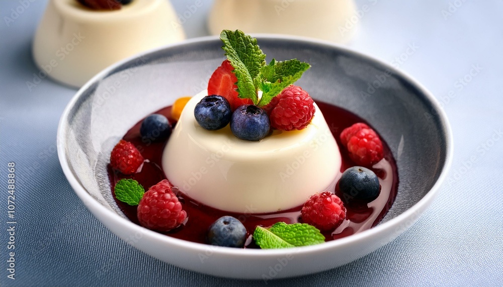 delicious panna cotta dessert decorated with various berries fruits and mint leaves in ceramic form closeup delicious panna cotta dessert decorated with various berries fruits and mint leaves in ceramic form closeup