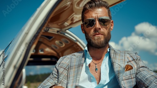 Confident man in sunglasses poses beside luxury car under a clear blue sky during a sunny day