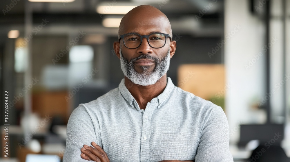 A bald man with a distinguished beard and glasses stands confidently in a modern office environment, portraying professionalism, wisdom, and digital age success.