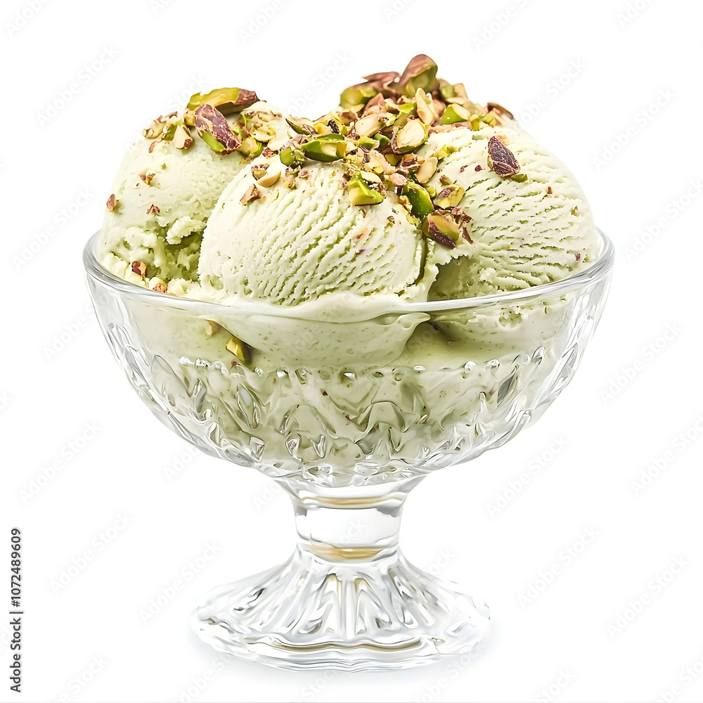 A close-up view of pistachio ice cream scoops topped with crushed nuts. A close-up view of pistachio ice cream scoops topped with crushed nuts.