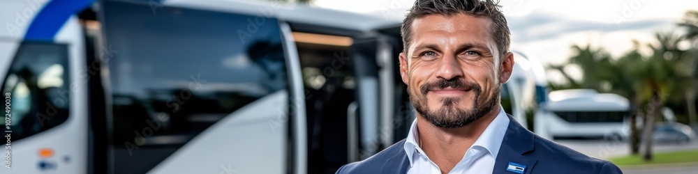 A confident man stands beside a modern bus in a sunny outdoor location during a transportation event in the afternoon A confident man stands beside a modern bus in a sunny outdoor location during a transportation event in the afternoon