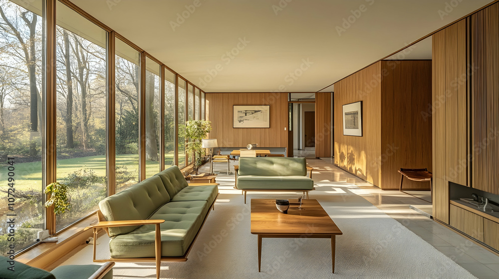 Obraz premium Minimalist Mid-Century Modern Living Room with Light Wood Paneling, Muted Green Sofa, and Walnut Coffee Table for a Refined Retro Space