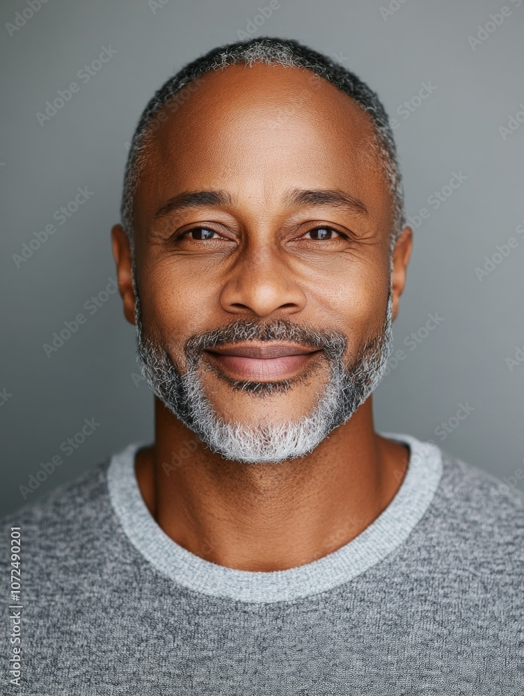 Obraz premium A content man with a salt-and-pepper beard and short hair smiles gently into the camera. His face is calm and relaxed against a neutral gray background indoors.