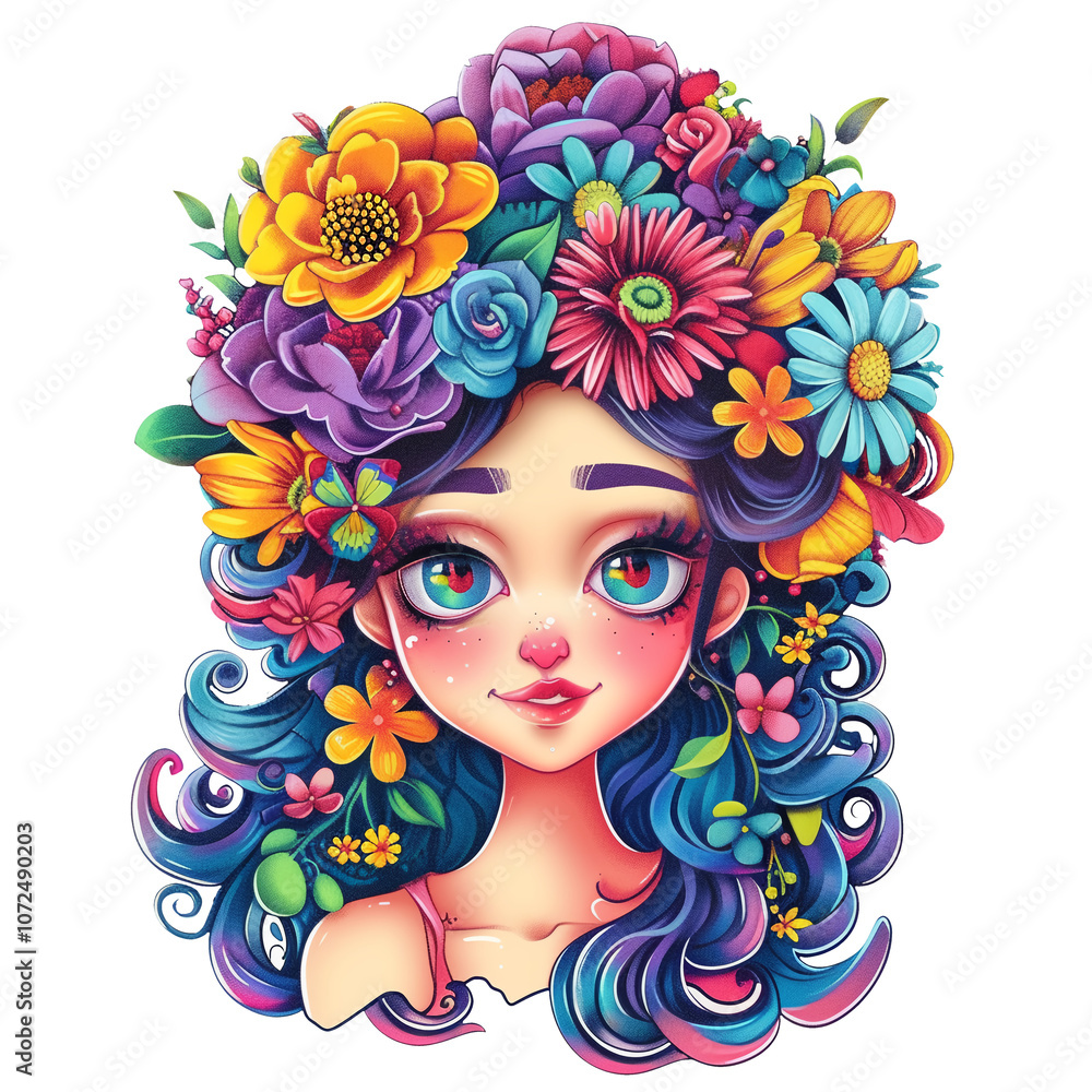 Naklejka premium Female portrait. Flowers in hair. Illustration 