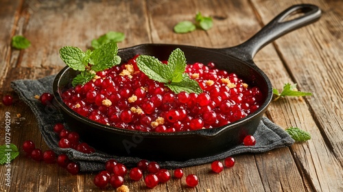 Rustic red currant crumble served in a cast-iron skillet, isolated on a wooden table background, with delicate green mint leaves for garnish