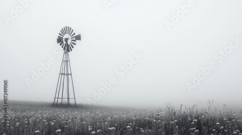 Minimalist Windmill in Foggy Wilderness AI Generated photo