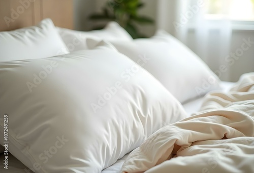 close up white pillows in a bed ia 