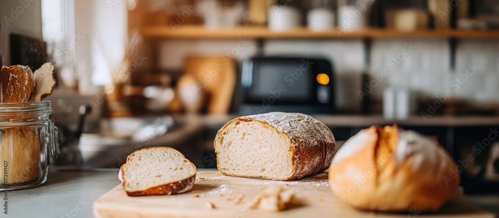 Sliced bread on a kitchen counter with other loaves out of focus. Sliced bread on a kitchen counter with other loaves out of focus.