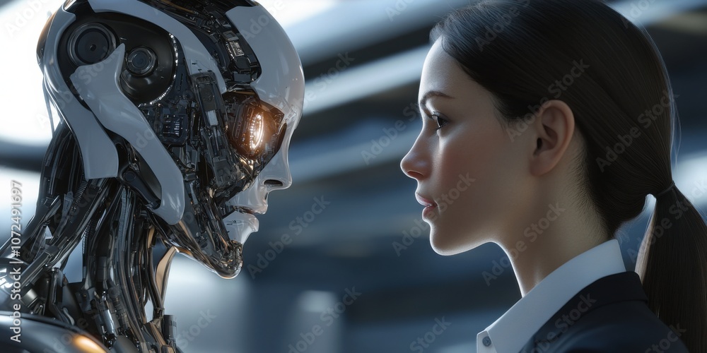Fototapeta premium A businesswoman in a professional suit facing a fully-rendered robot hologram in a futuristic setting. The hologram is intricate and hyper-realistic, with the businesswomanas face reflecting the digit