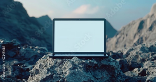 An up-close view of a blank white laptop screen on a rock podium. Technology demonstration and concept for the device. 3D rendering using a mockup, Generative AI.