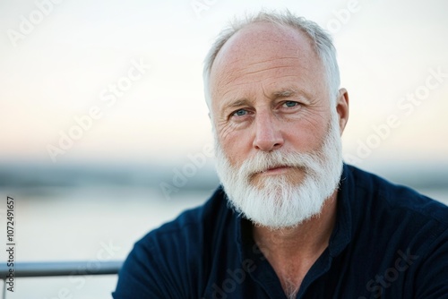 An elderly man with a wise, thoughtful gaze is captured against a tranquil background, imparting a sense of calmness and reflection in his demeanor. photo