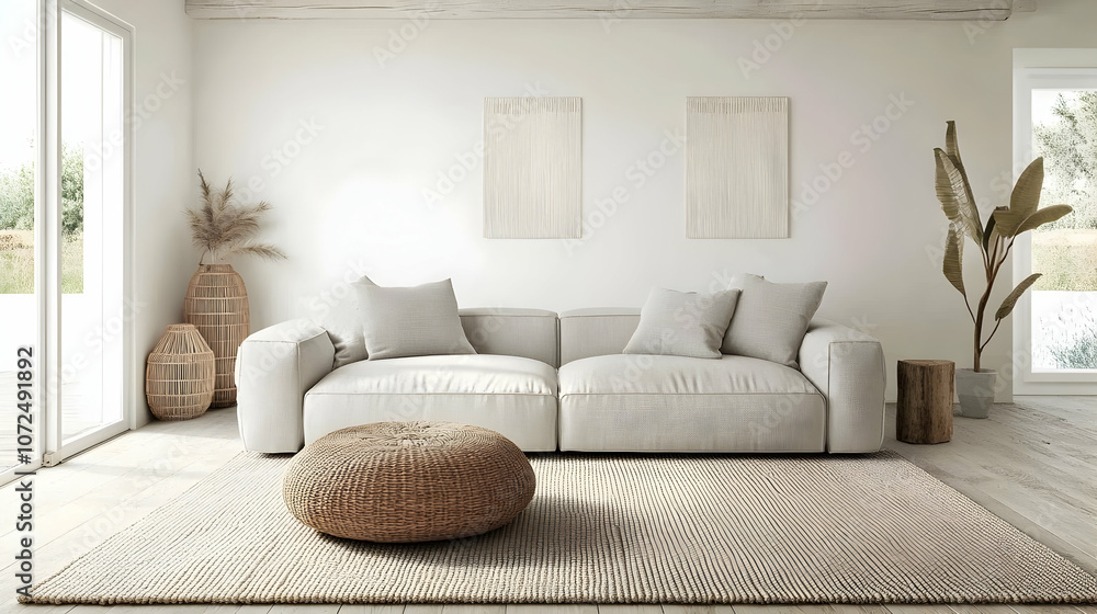 Obraz premium Minimalist Coastal Living Room with Soft White Walls, Light Gray Sofa, and Woven Rug, Featuring Clean Lines and Natural Light for a Breezy, Open, and Serene Atmosphere