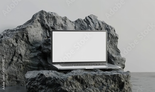 An up-close view of a blank white laptop screen on a rock podium. Technology demonstration and concept for the device. 3D rendering using a mockup, Generative AI.