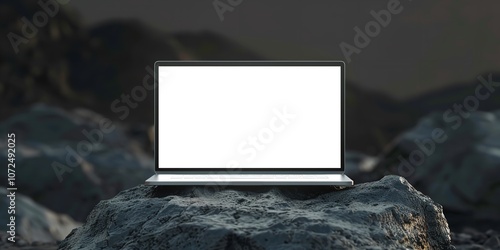An up-close view of a blank white laptop screen on a rock podium. Technology demonstration and concept for the device. 3D rendering using a mockup, Generative AI.