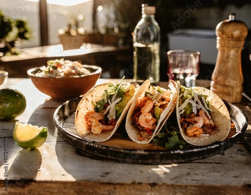 Casual Home Kitchen Scene with Tacos Gobernador Filled with Grilled Shrimp, Cheese, and Vegetables, Perfect for a Quick Mexican Lunch, Shot in a Lifestyle Setup photo