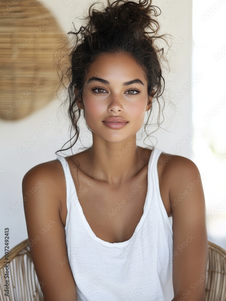 A poised woman with a casual chic look sits comfortably, exuding quiet confidence and poise, embodying relaxed elegance in a neutral setting. A poised woman with a casual chic look sits comfortably, exuding quiet confidence and poise, embodying relaxed elegance in a neutral setting.