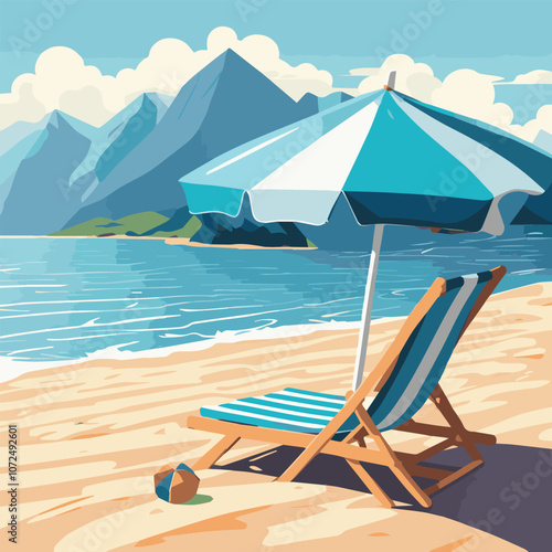 Summer vacation loungers on sea beach landscape beautiful seascape banner seaside holiday vector illustration. Summer vacation on a sandy beach. Happy hot vacation. Vector illustration.	