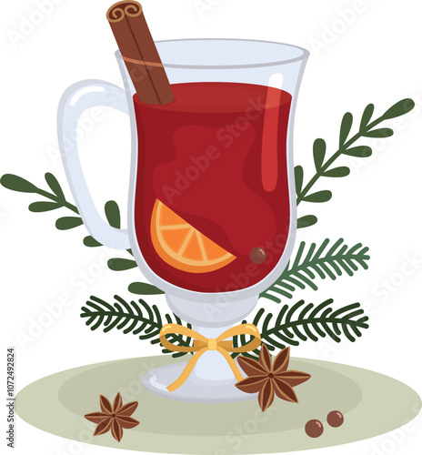 Glass of mulled wine is decorated with a bow and fir branches. Cute illustration of hot drink, spices and christmas decorations