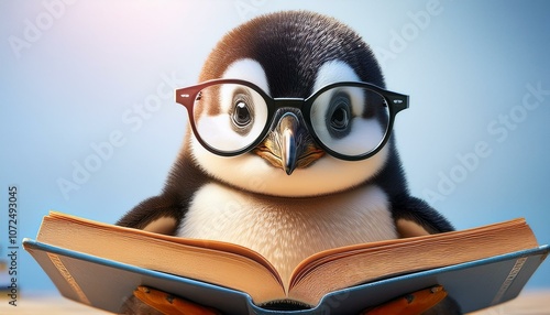 adorable penguin chick wearing glasses reading a book perfect for educational themes pet and wildlife illustrations photo