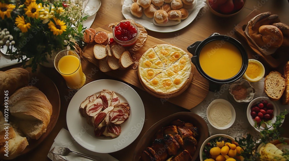 A sumptuous and rustic breakfast spread featuring a variety of delicious foods including quiche, pastries, fresh juice, and bread laid out on a wooden table. A sumptuous and rustic breakfast spread featuring a variety of delicious foods including quiche, pastries, fresh juice, and bread laid out on a wooden table.