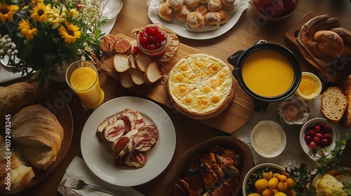 A sumptuous and rustic breakfast spread featuring a variety of delicious foods including quiche, pastries, fresh juice, and bread laid out on a wooden table. photo