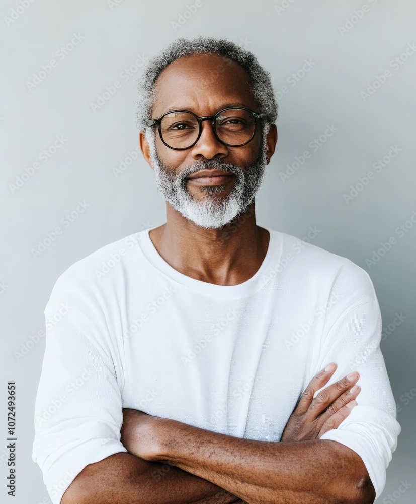 An elderly man with glasses and a grey beard crosses his arms while smiling slightly, symbolizing wisdom and tranquility against a plain background. An elderly man with glasses and a grey beard crosses his arms while smiling slightly, symbolizing wisdom and tranquility against a plain background.