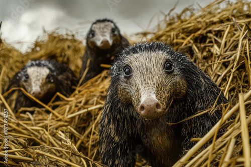 Group of badgers are standing in a field of hay. The badgers are all facing the camera and appear to be curious about the photographer photo