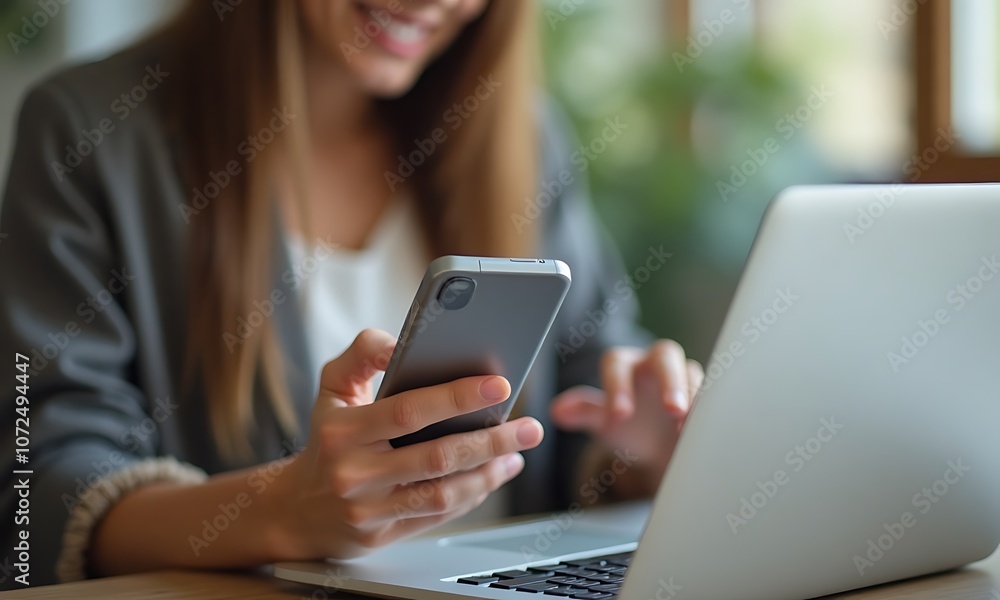 Smiling Woman Using Smartphone and Laptop in Bright Office Setting Smiling Woman Using Smartphone and Laptop in Bright Office Setting