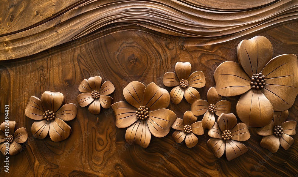 carvings made of wood. The dark wood surface has textured flowers on it, Generative AI. carvings made of wood. The dark wood surface has textured flowers on it, Generative AI.
