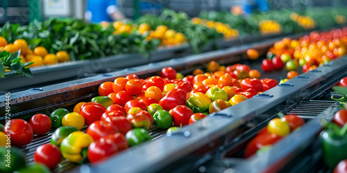 Fresh Vegetables on Conveyor Belt in Food Processing Plant, Automated Sorting of Mixed Vegetables in Factory